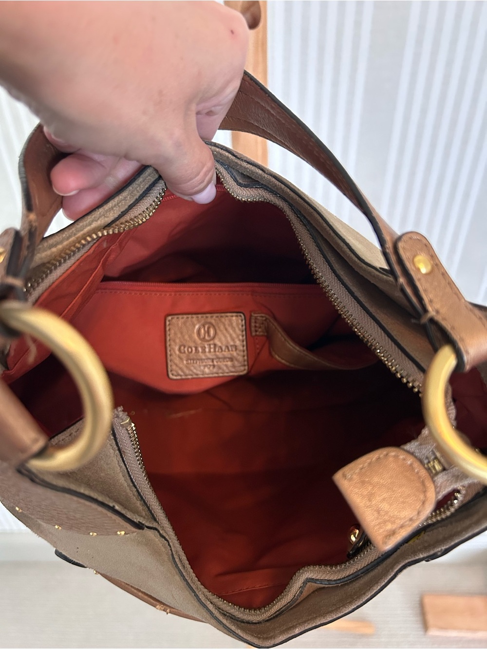COLE HAAN STEPHANIE SUEDE bronze studded leather horsebit hobo equastrian bag - Picture 6 of 11